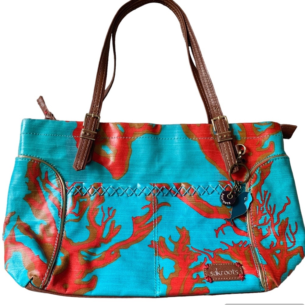 Sak Roots bag turquoise coral vegan leather straps whale charm gold hardware